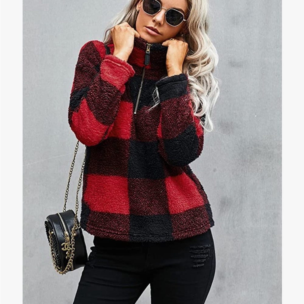 SOLD  
Women's Plaid Quarter Zip Sherpa Pullover